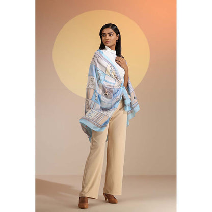 Dusala India Blue Printed Siani Silk Scarf