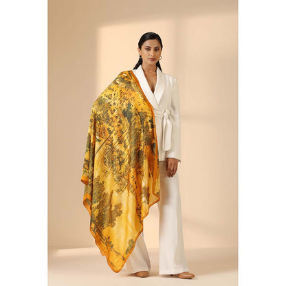 Dusala India Mustard Printed Silk Scarf