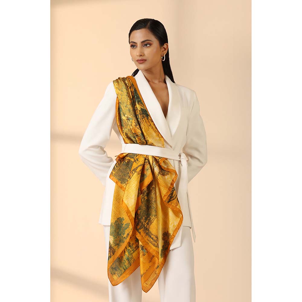 Dusala India Mustard Printed Silk Scarf