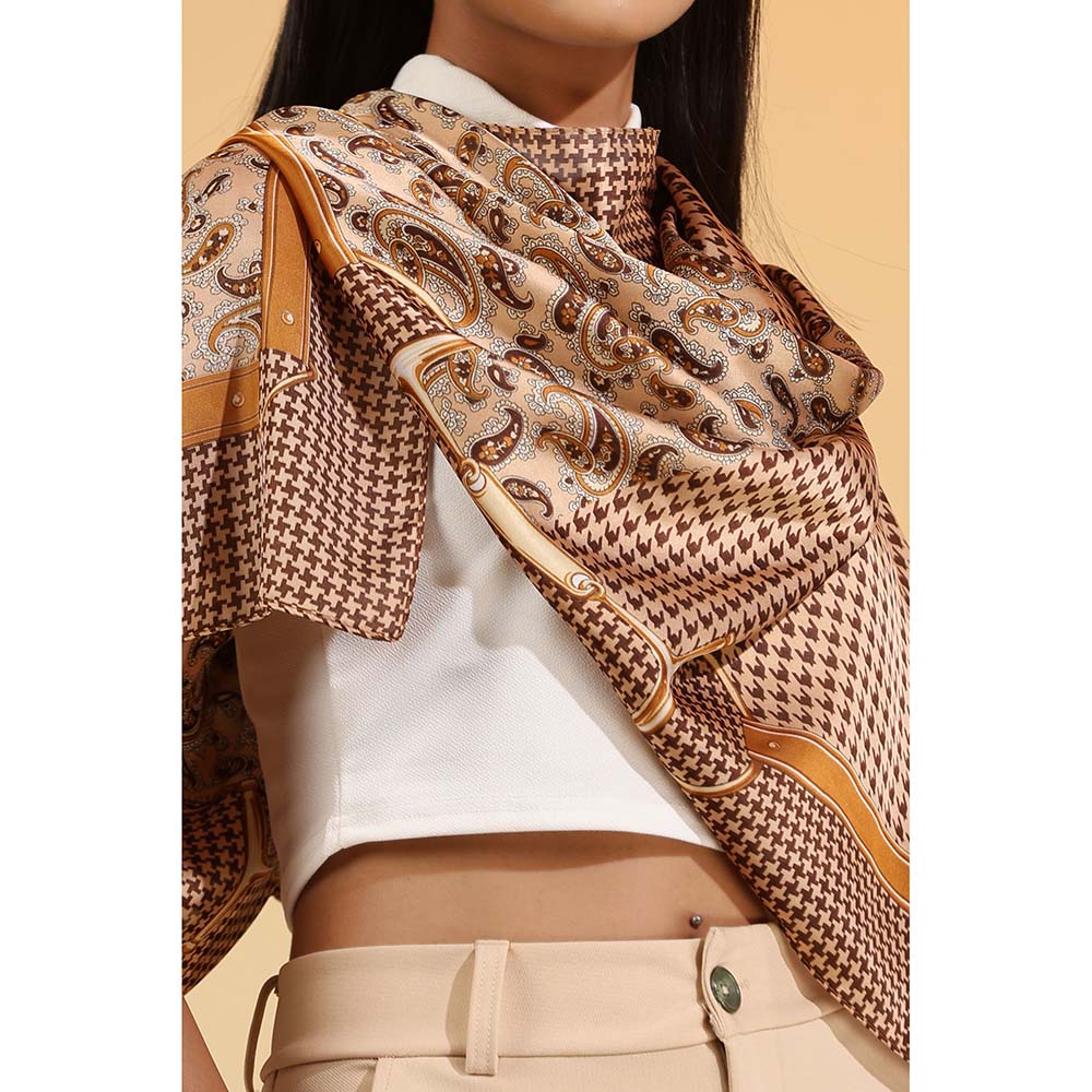 Dusala India Beige Printed Seiarra Silk Square Scarf