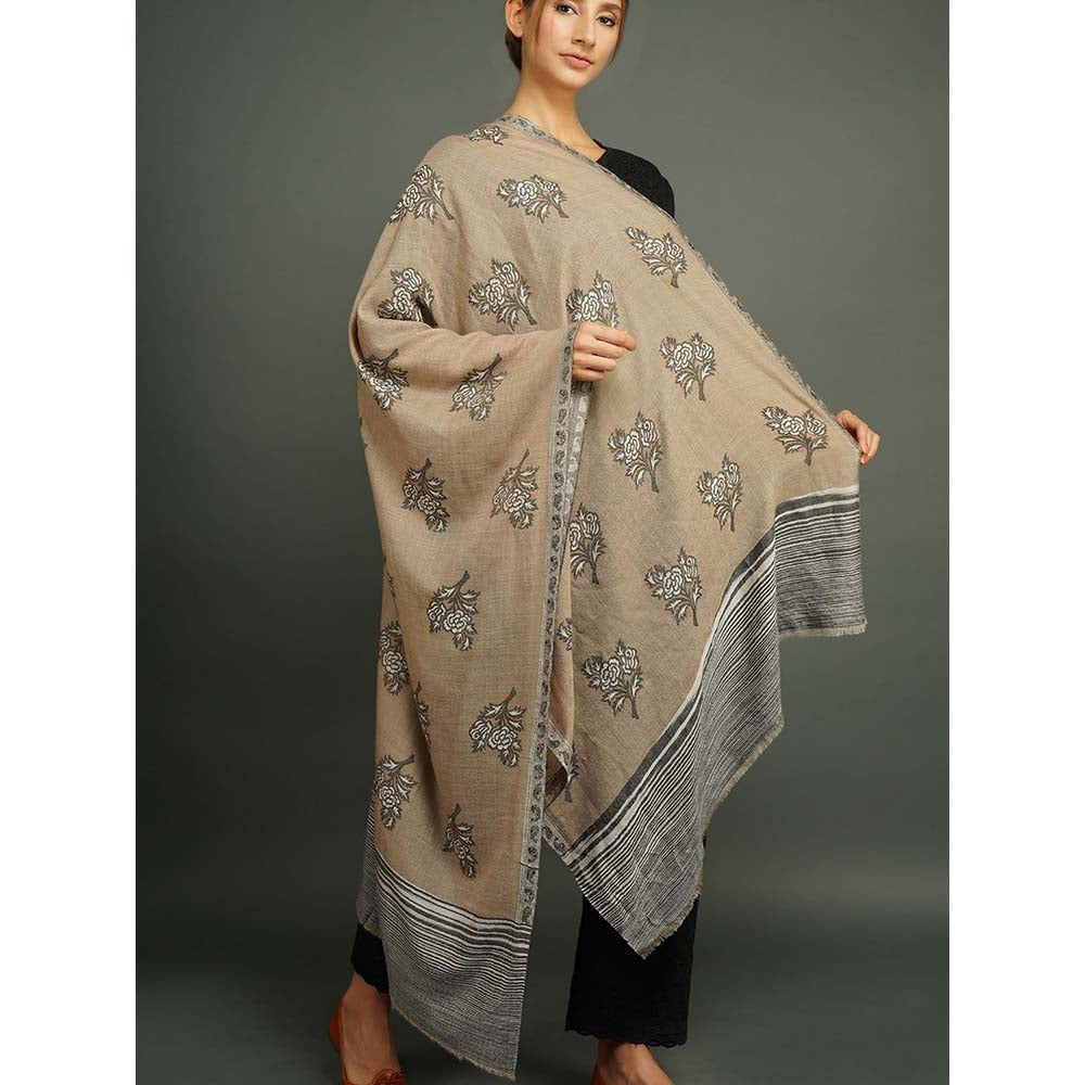 Dusala India Beige Pashmina Blend Woven Floral Stole
