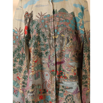 Dusala India Roxane Fine Wool Silk Kalamkari Cape - Beige