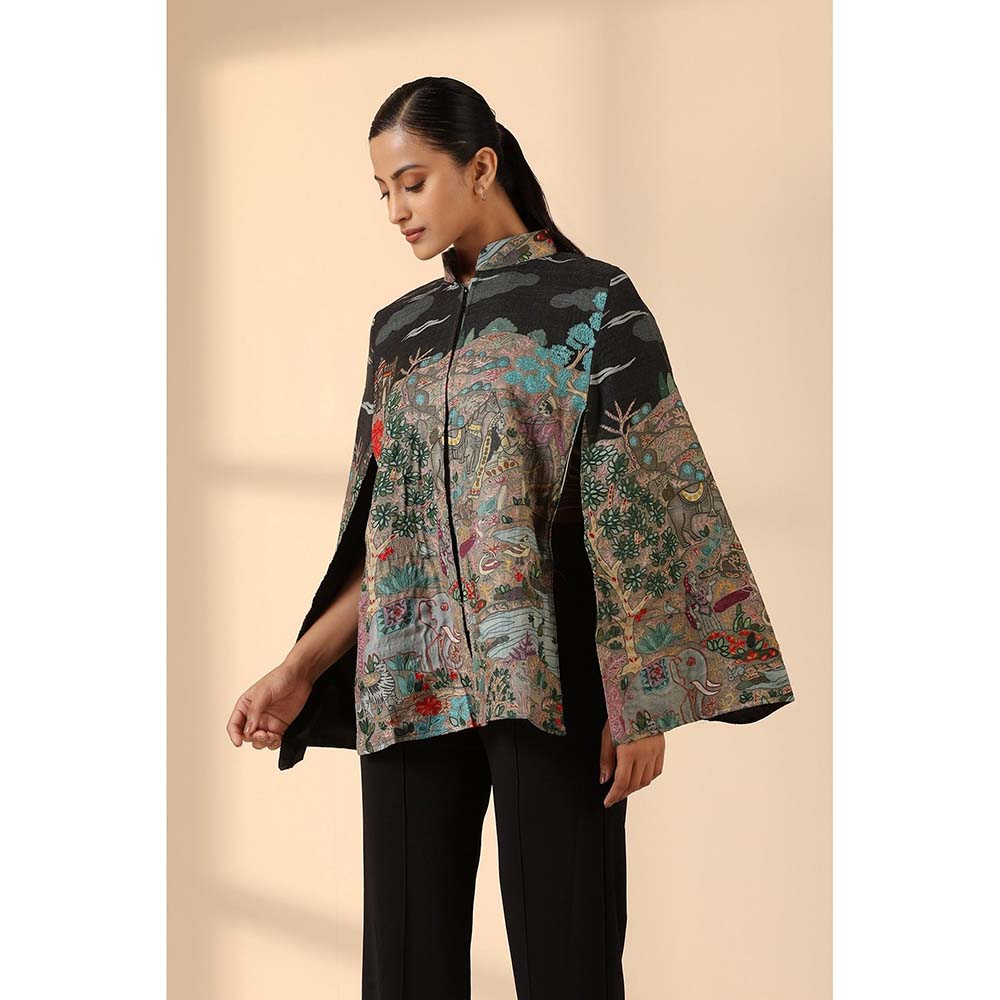 Dusala India Estelle Fine Wool Silk Kalamkari Cape - Black