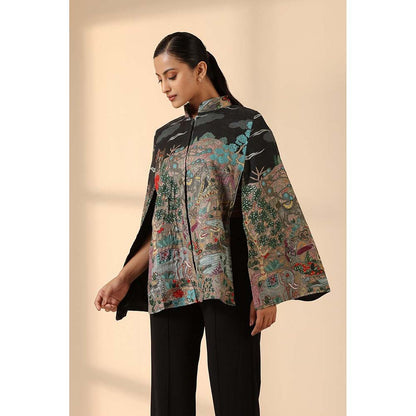 Dusala India Estelle Fine Wool Silk Kalamkari Cape - Black