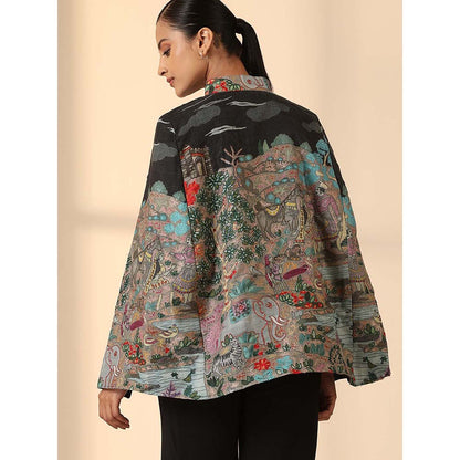 Dusala India Estelle Fine Wool Silk Kalamkari Cape - Black