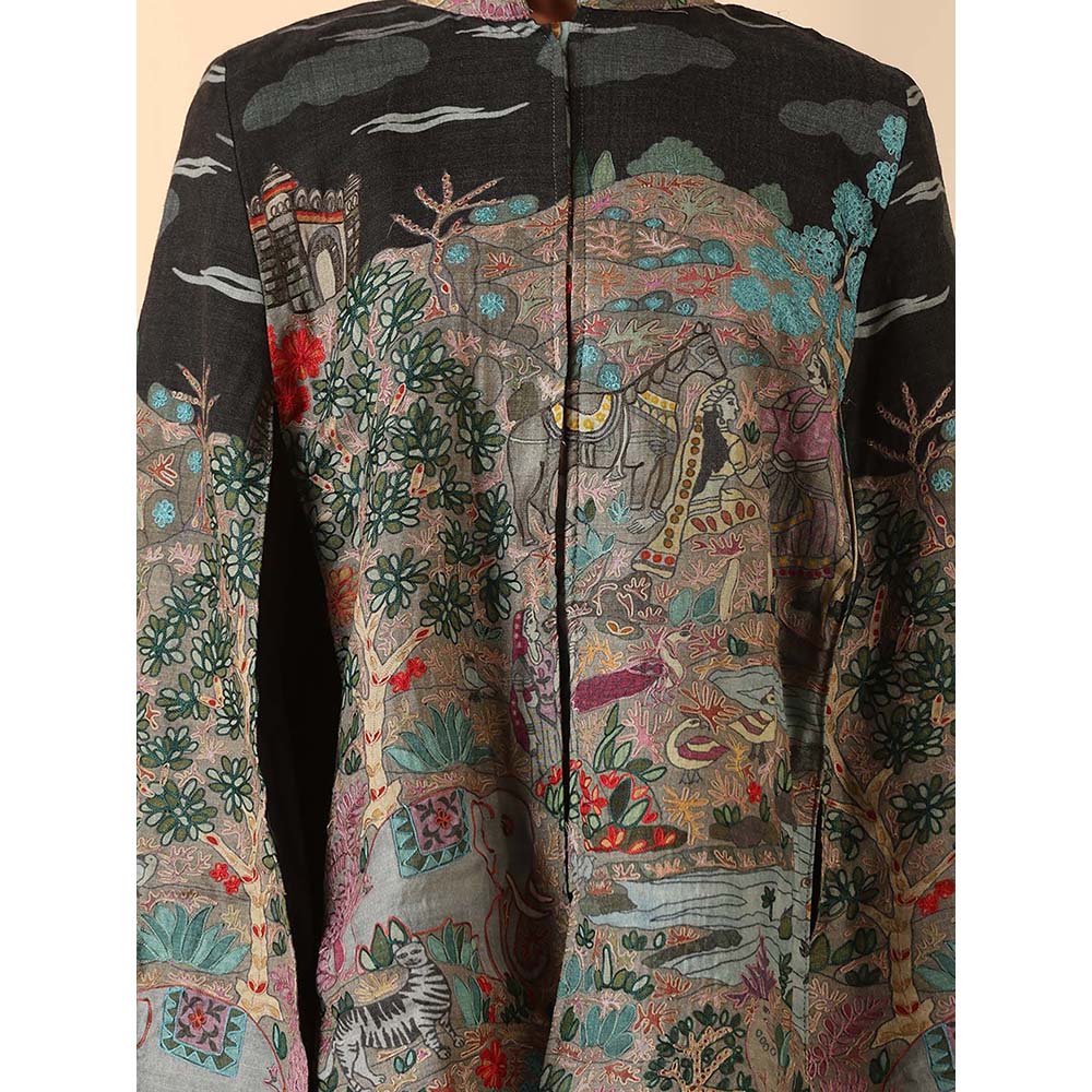 Dusala India Estelle Fine Wool Silk Kalamkari Cape - Black