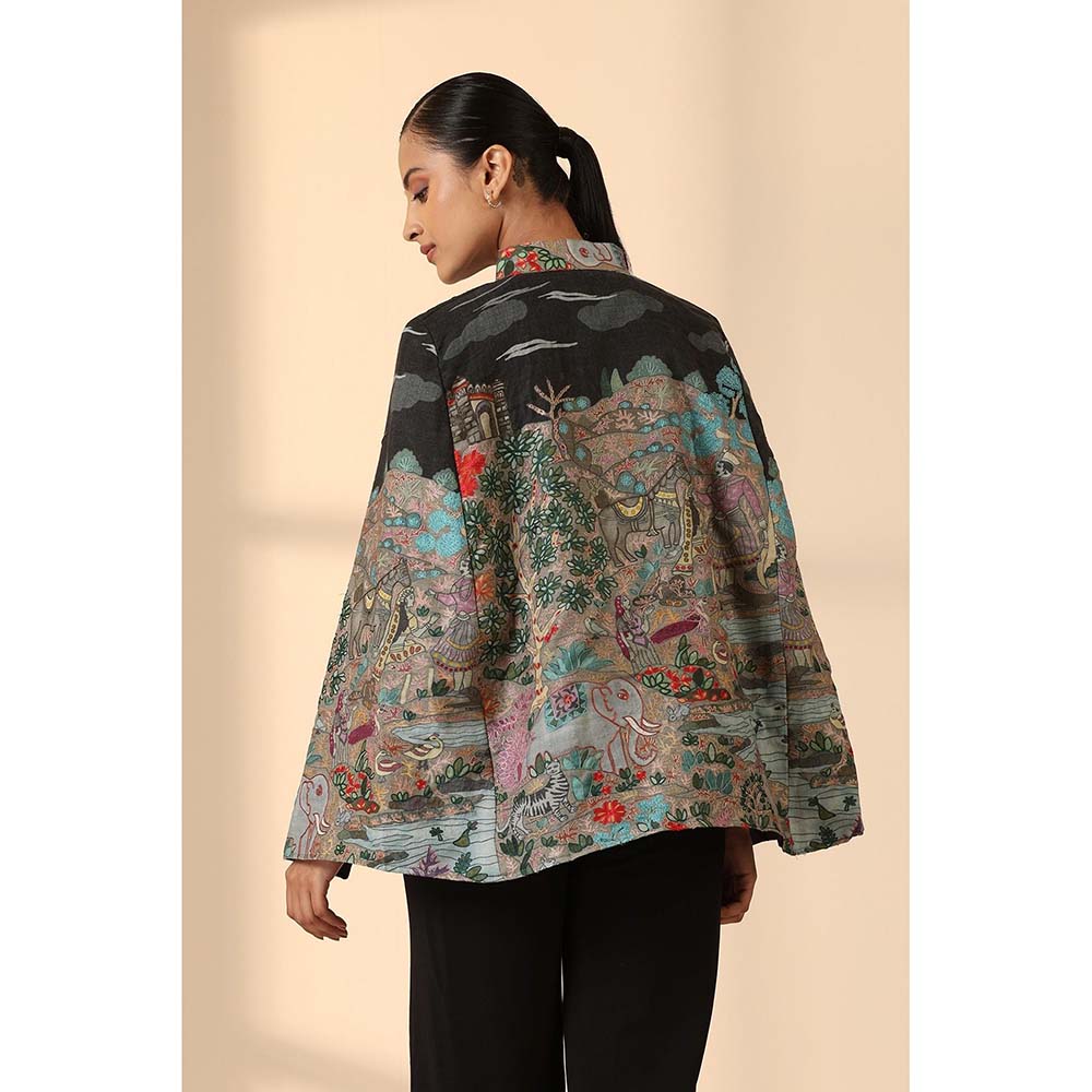 Dusala India Estelle Fine Wool Silk Kalamkari Cape - Black