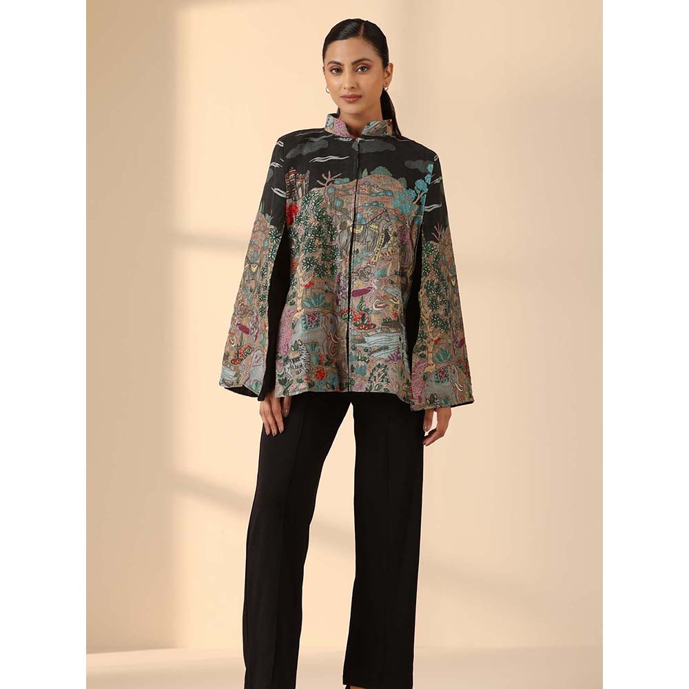 Dusala India Estelle Fine Wool Silk Kalamkari Cape - Black