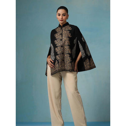 Dusala India Ira Fine Wool Silk With Zari Embroidery Cape - Black