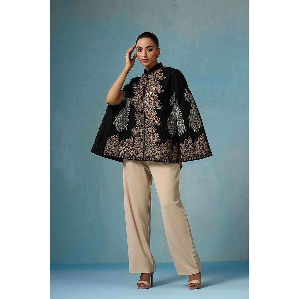 Dusala India Ira Fine Wool Silk With Zari Embroidery Cape - Black