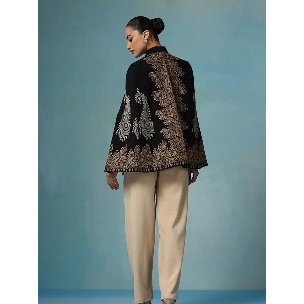 Dusala India Ira Fine Wool Silk With Zari Embroidery Cape - Black
