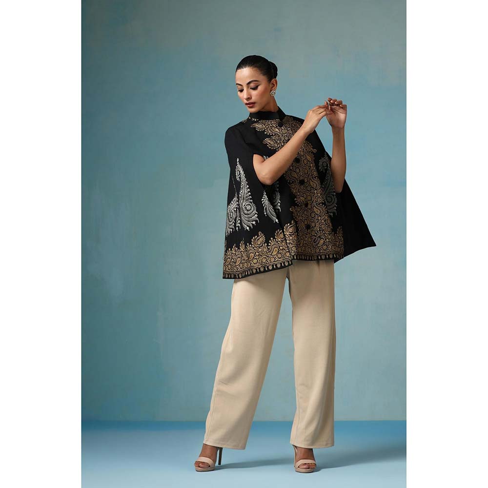 Dusala India Ira Fine Wool Silk With Zari Embroidery Cape - Black