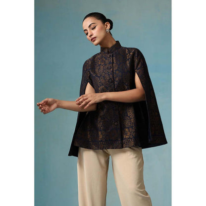 Dusala India Ais Fine Wool Silk With Zari Cape - Navy Blue