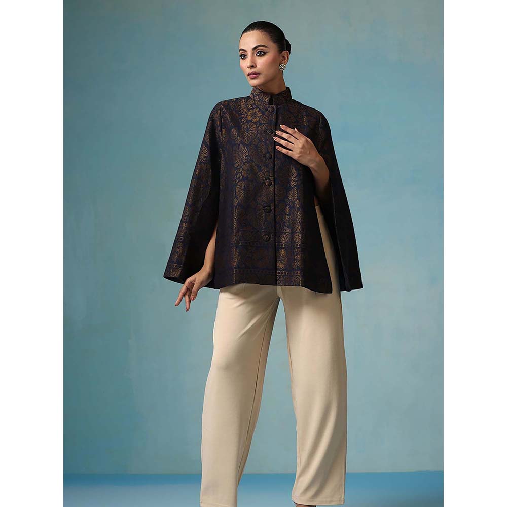 Dusala India Ais Fine Wool Silk With Zari Cape - Navy Blue