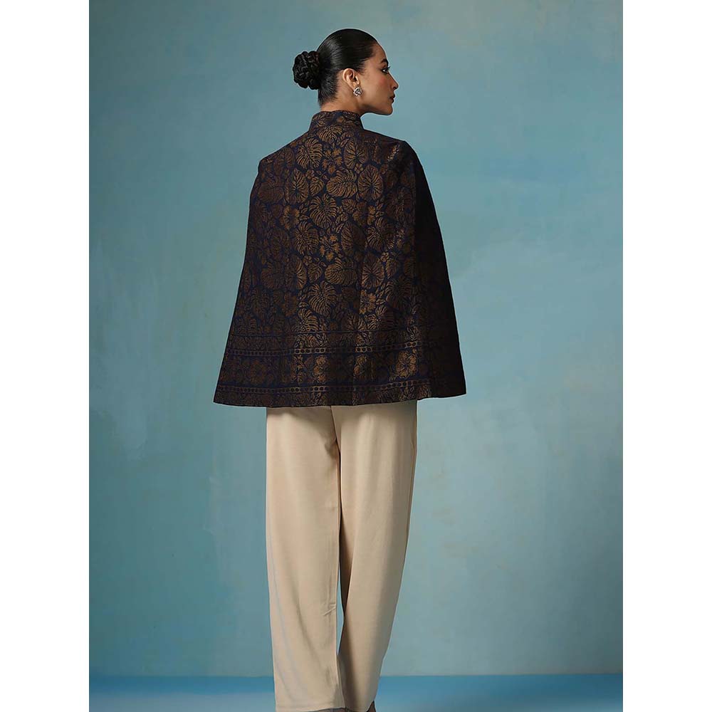 Dusala India Ais Fine Wool Silk With Zari Cape - Navy Blue