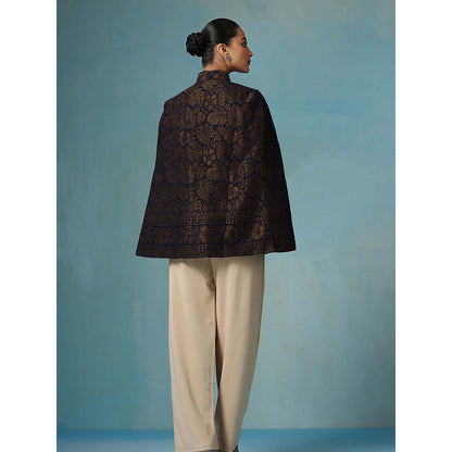 Dusala India Ais Fine Wool Silk With Zari Cape - Navy Blue