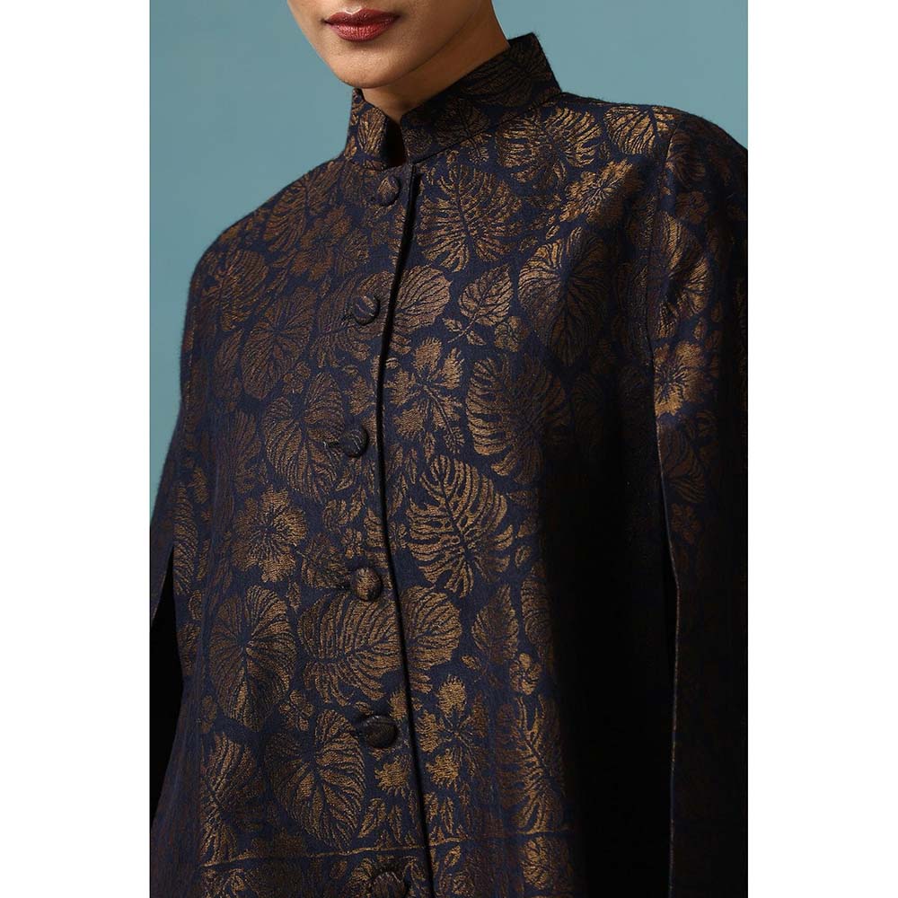 Dusala India Ais Fine Wool Silk With Zari Cape - Navy Blue