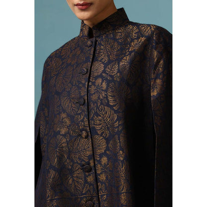 Dusala India Ais Fine Wool Silk With Zari Cape - Navy Blue