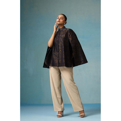 Dusala India Ais Fine Wool Silk With Zari Cape - Navy Blue
