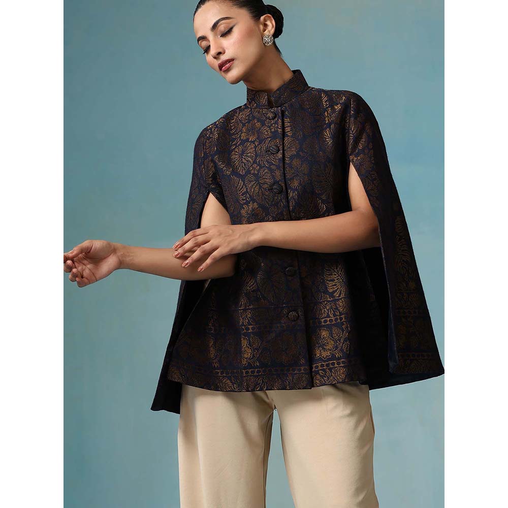 Dusala India Ais Fine Wool Silk With Zari Cape - Navy Blue