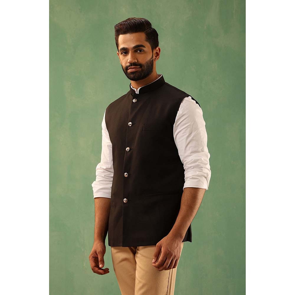 Dusala India Astin Black Wool Silk Nehru Jacket