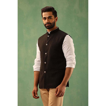 Dusala India Astin Black Wool Silk Nehru Jacket