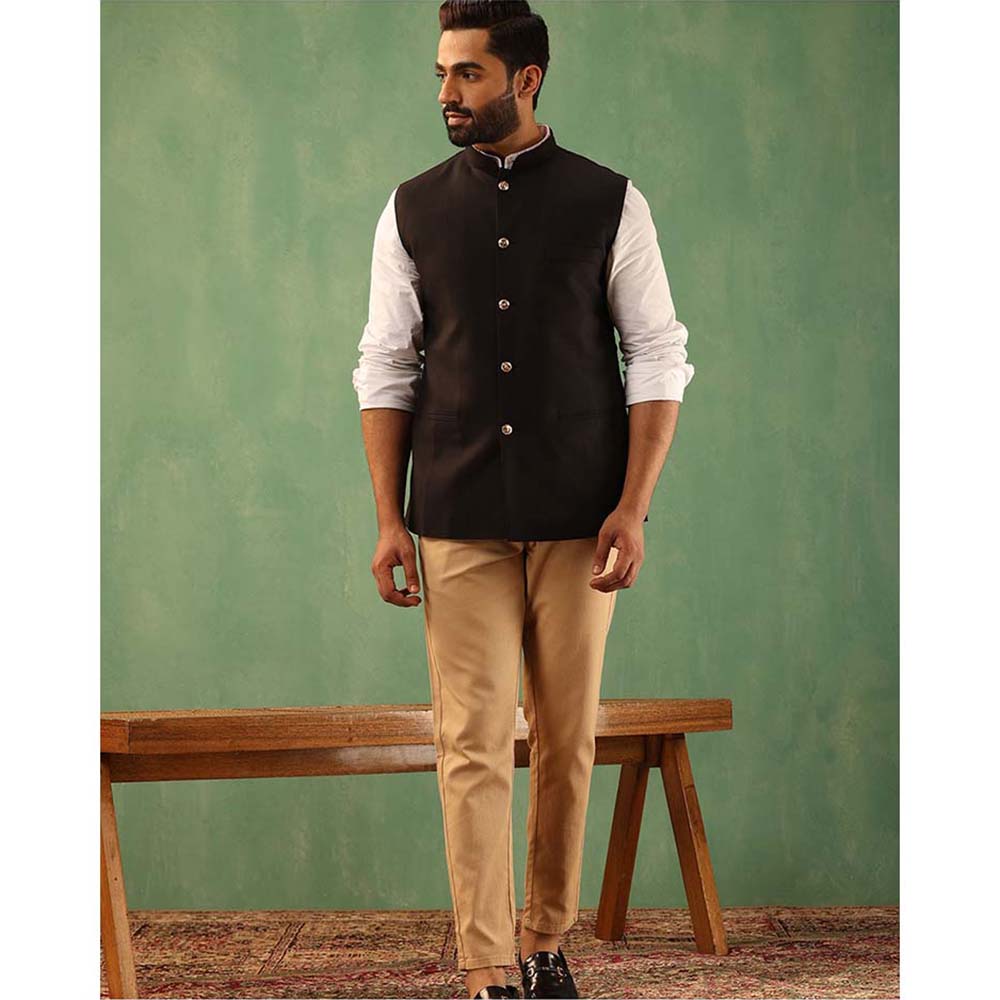Dusala India Astin Black Wool Silk Nehru Jacket