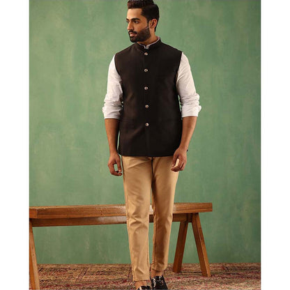 Dusala India Astin Black Wool Silk Nehru Jacket