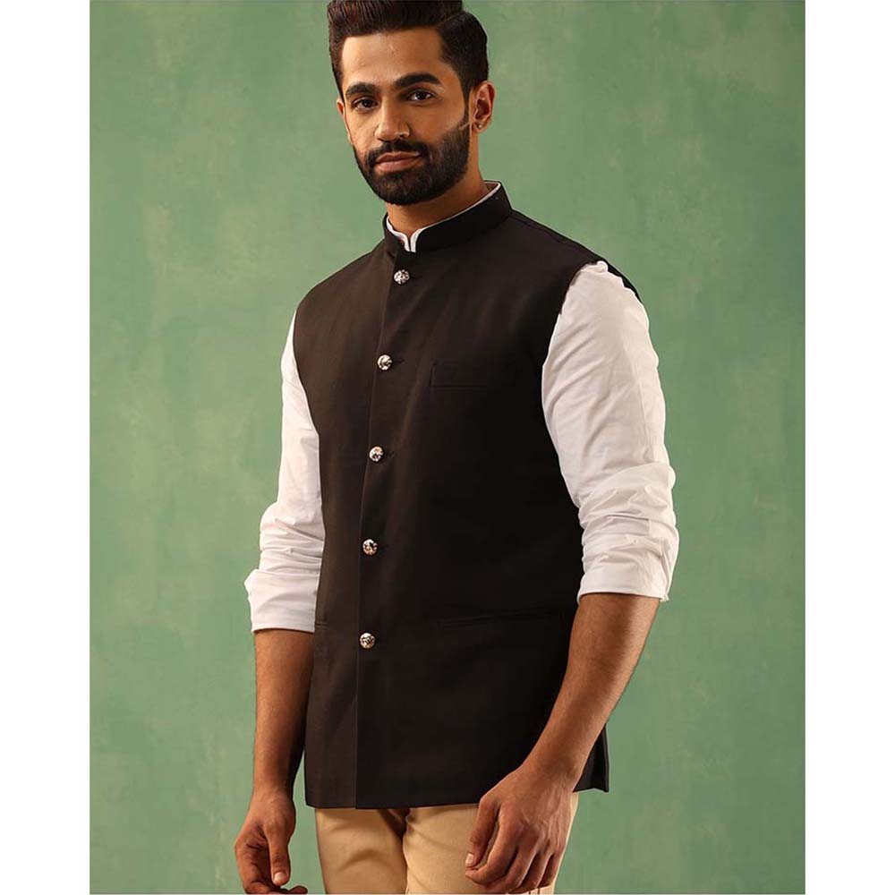 Dusala India Astin Black Wool Silk Nehru Jacket