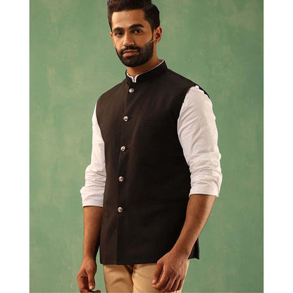 Dusala India Astin Black Wool Silk Nehru Jacket