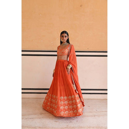Ease Clothing Orange Embroidered Blouse with Lehenga and Dupatta (Set of 3)