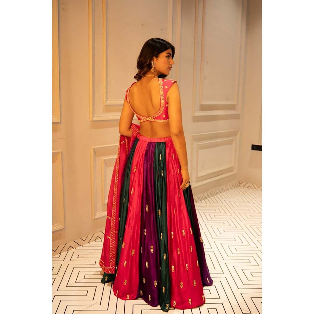 Ease Clothing Multi-Colour Embroidered Blouse with Lehenga and Dupatta (Set of 3)