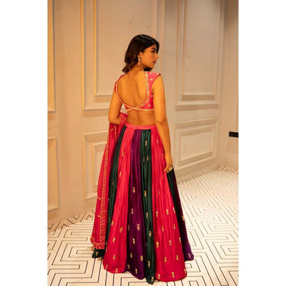 Ease Clothing Multi-Colour Embroidered Blouse with Lehenga and Dupatta (Set of 3)