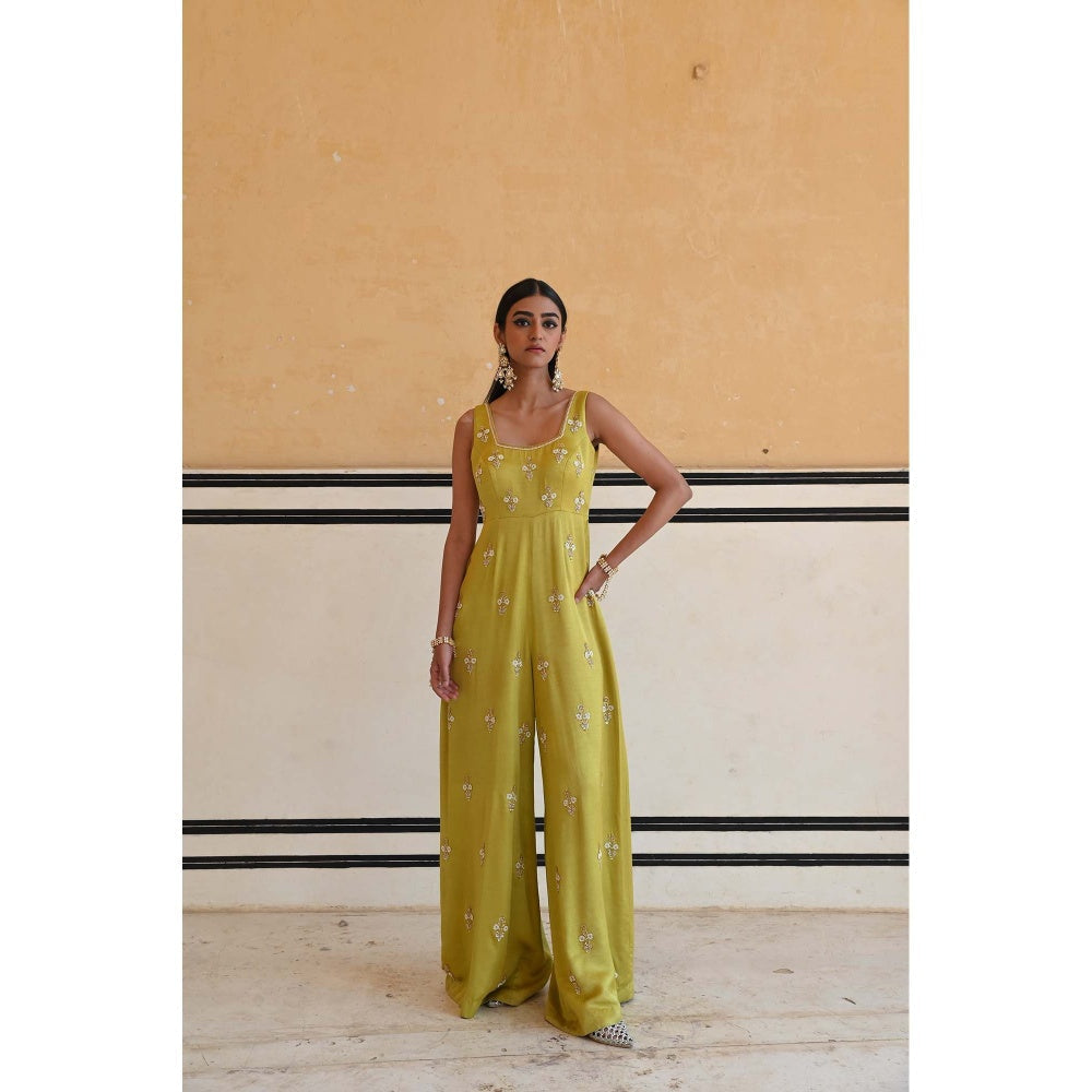 Ease Clothing Green Square Neckline Floral Butti Embroidered Flared Jumpsuit