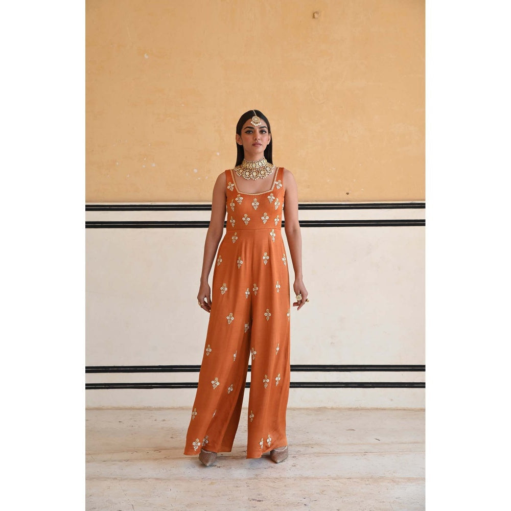 Ease Clothing Orange Square Neckline Floral Butti Embroidered Flared Jumpsuit