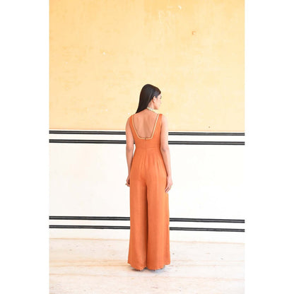 Ease Clothing Orange Square Neckline Floral Butti Embroidered Flared Jumpsuit