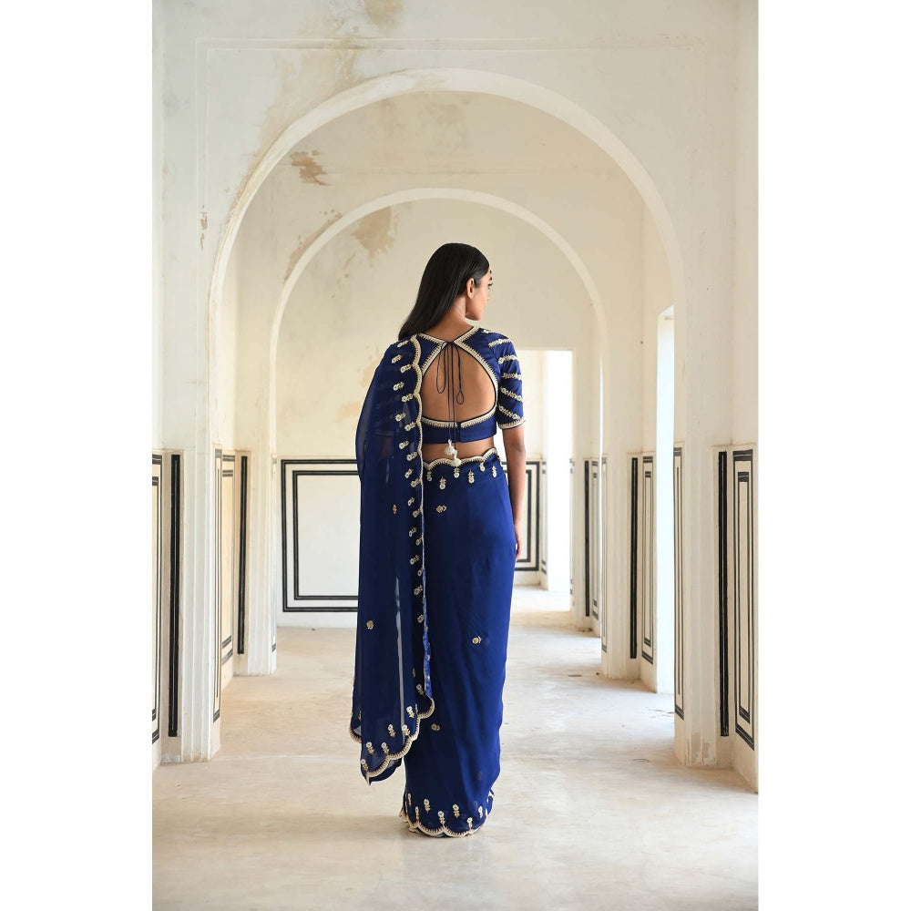 Ease Clothing Royal Blue Scallop Embroidered Saree with Stitched Blouse
