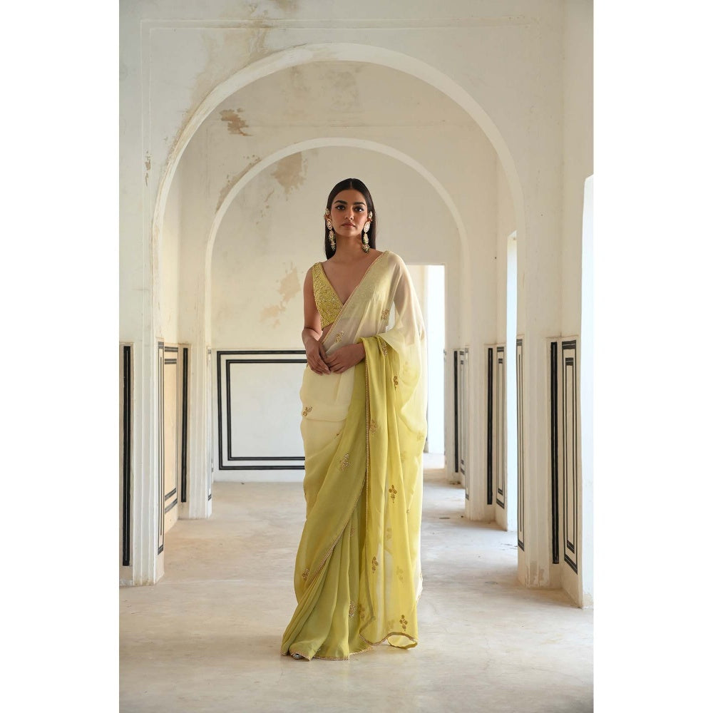 Ease Clothing Green Ombre Floral Butti Embroidered Saree with Stitched Blouse