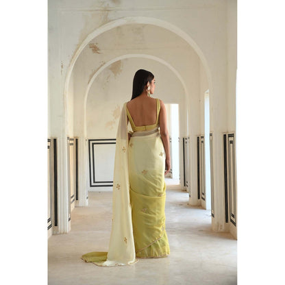 Ease Clothing Green Ombre Floral Butti Embroidered Saree with Stitched Blouse