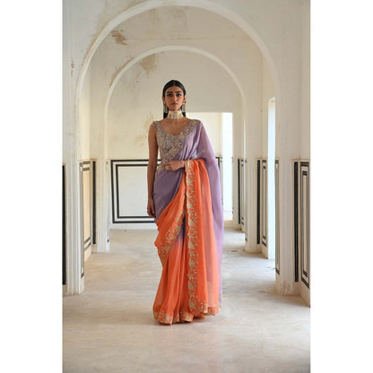 Ease Clothing Lavender Ombre Floral Embroidered Border Saree with Stitched Blouse