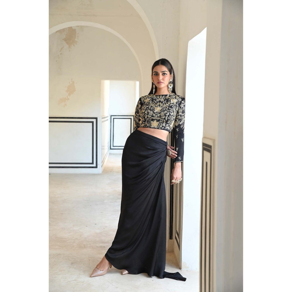 Ease Clothing Black Embroidered Crop Top with Cowl Skirt (Set of 2)