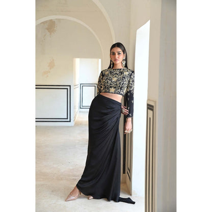 Ease Clothing Black Embroidered Crop Top with Cowl Skirt (Set of 2)