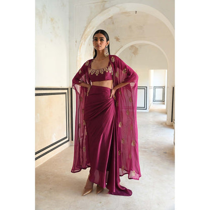 Ease Clothing Magenta Embroidered Bralette with Cape and Cowl Skirt (Set of 3)