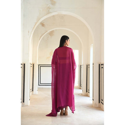 Ease Clothing Magenta Embroidered Bralette with Cape and Cowl Skirt (Set of 3)