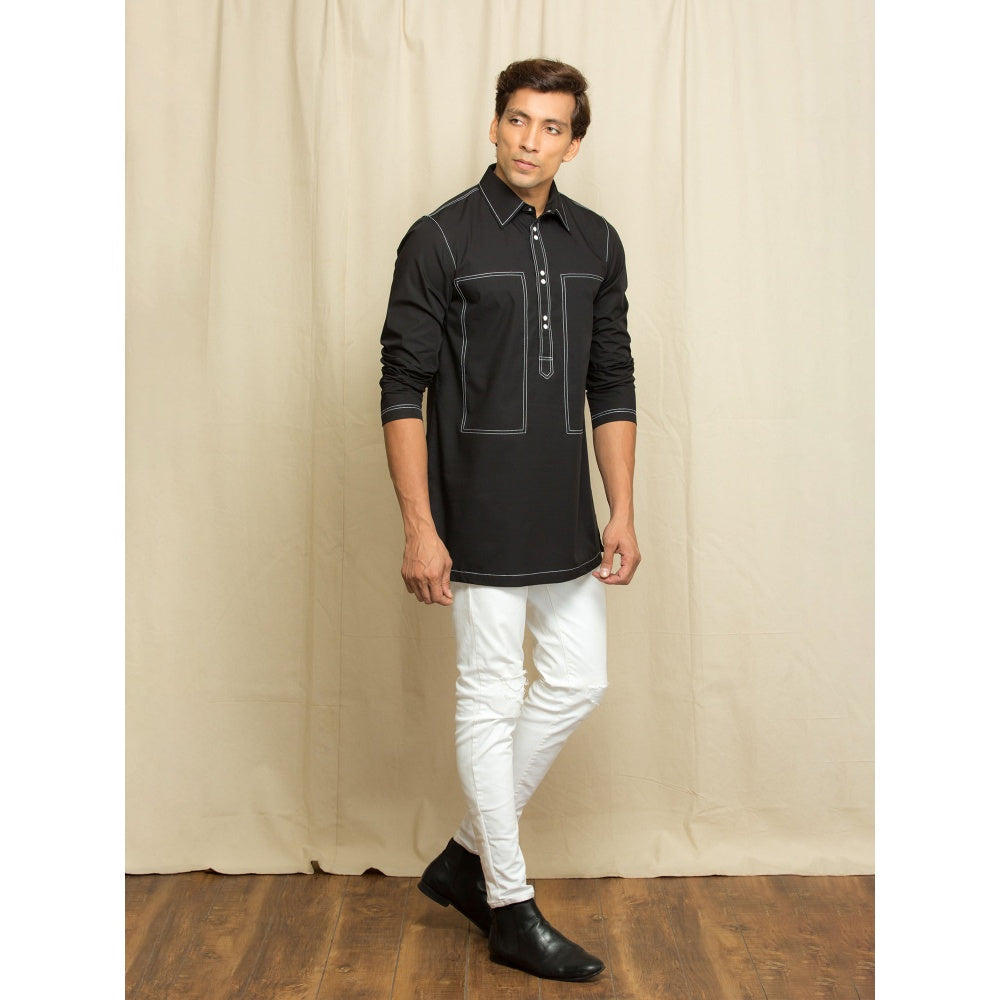Echke Black Short Kurta with White Contrast Stitching