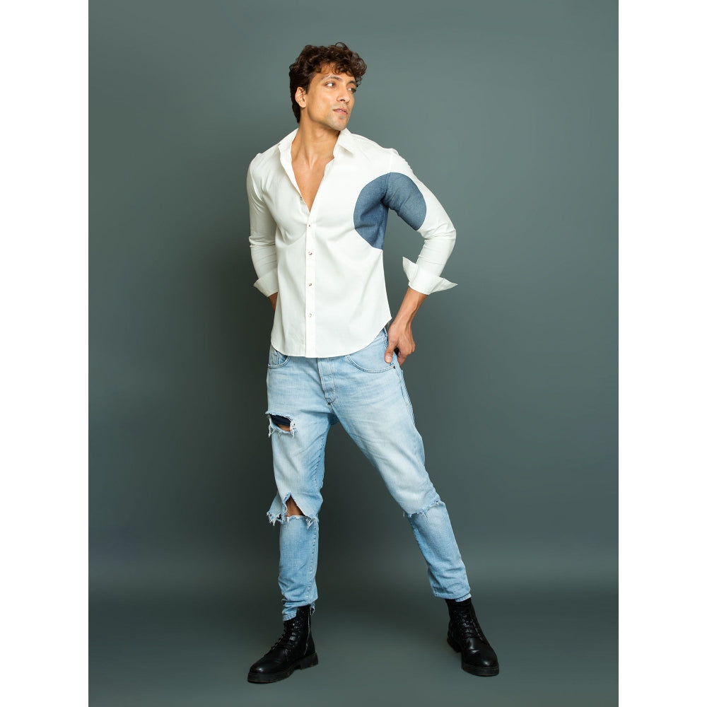 Echke Off White Shirt with Denim Round Patch on Side and Sleeve