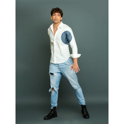 Echke Off White Shirt with Denim Round Patch on Side and Sleeve
