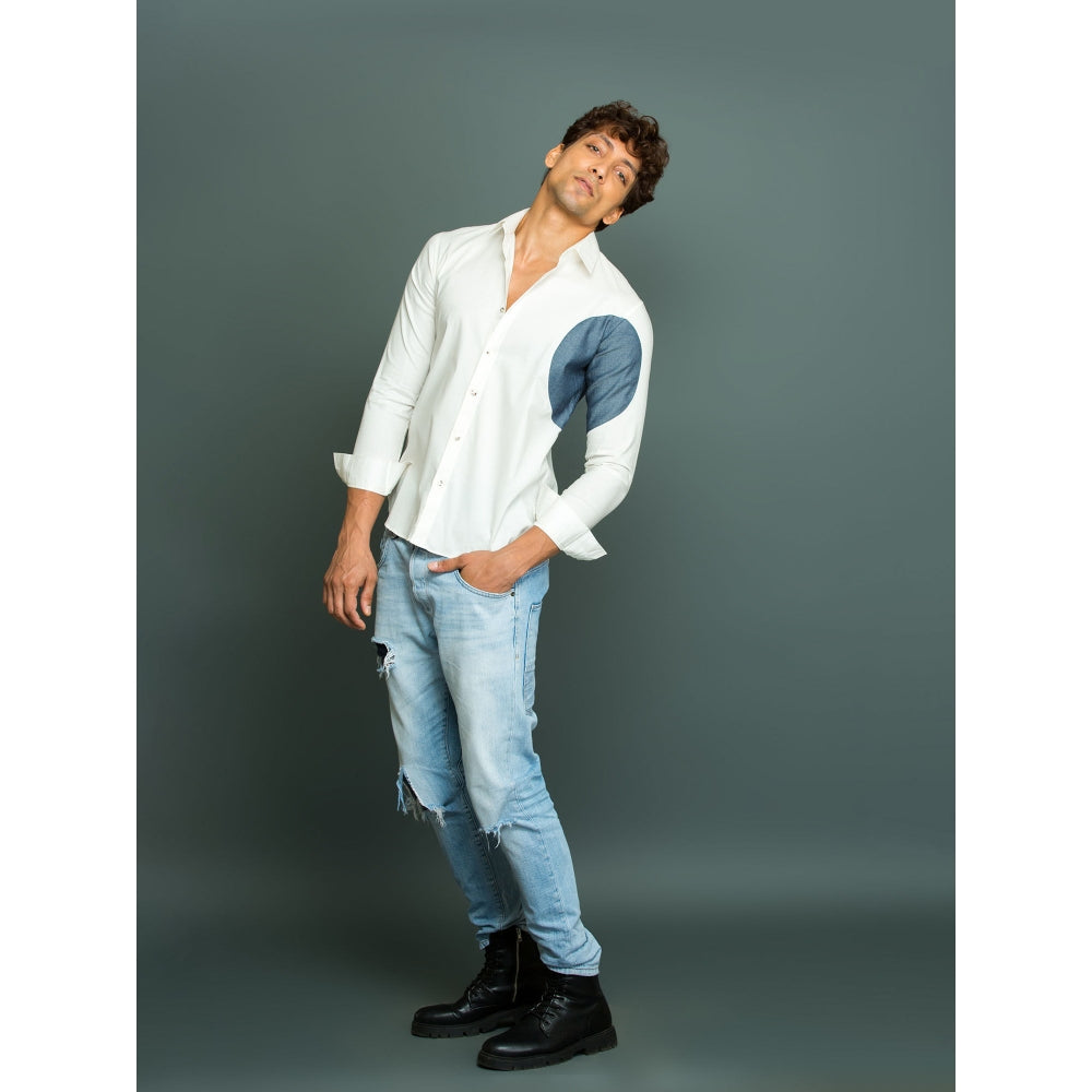 Echke Off White Shirt with Denim Round Patch on Side and Sleeve