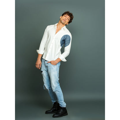 Echke Off White Shirt with Denim Round Patch on Side and Sleeve