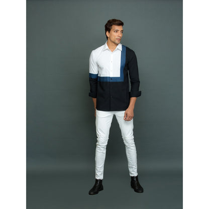 Echke White Shirt with Denim Square Detail and Black Part